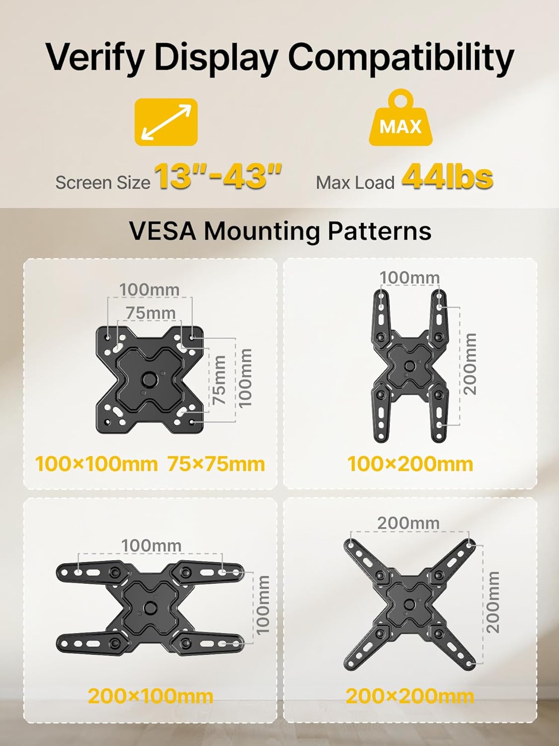 monTEK Full Motion TV Wall Mount Bracket - Swivel & Tilt for 13-43 Inch LED LCD TVs | Max VESA 200x200mm, 44lbs Capacity