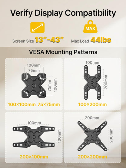monTEK Full Motion TV Wall Mount Bracket - Swivel & Tilt for 13-43 Inch LED LCD TVs | Max VESA 200x200mm, 44lbs Capacity