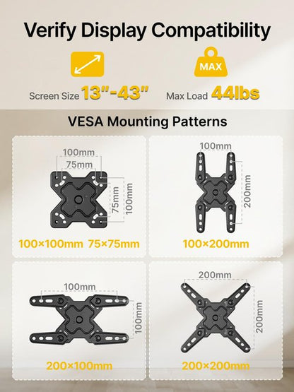 monTEK Full Motion TV Wall Mount Bracket for Most 13-43 Inch LED LCD Flat Screen TVs & Monitors, Swivel Tilt Extension Rotation with Articulating Arms, TV Mount Max VESA 200x200mm, up to 44lbs