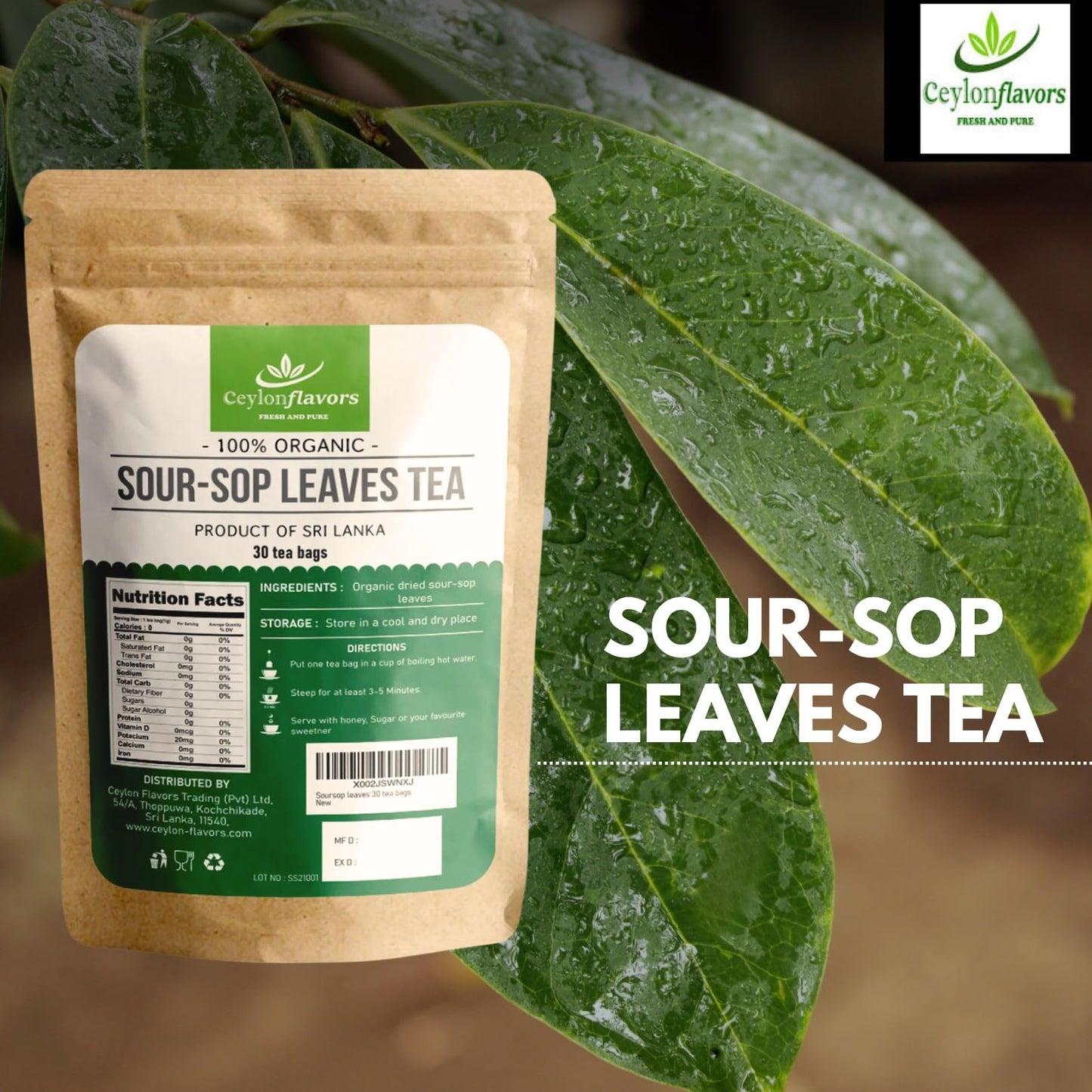 Ceylon Soursop Tea Leaves | 100% Natural Soursop Tea Bags Pack of 30 | Sourced From Sri Lanka