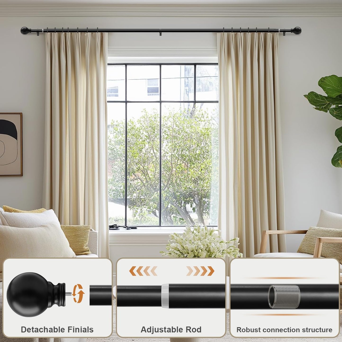 Skiennix Black Curtain Rods - Heavy Duty Metal Adjustable 72-144 Inch for Blackout Window Treatments
