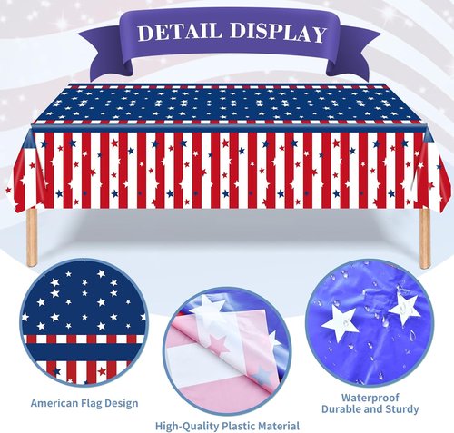 American Flag Tablecloth - 3-Piece Disposable 54 x 108 Inch Stars and Stripes Design for Patriotic Events
