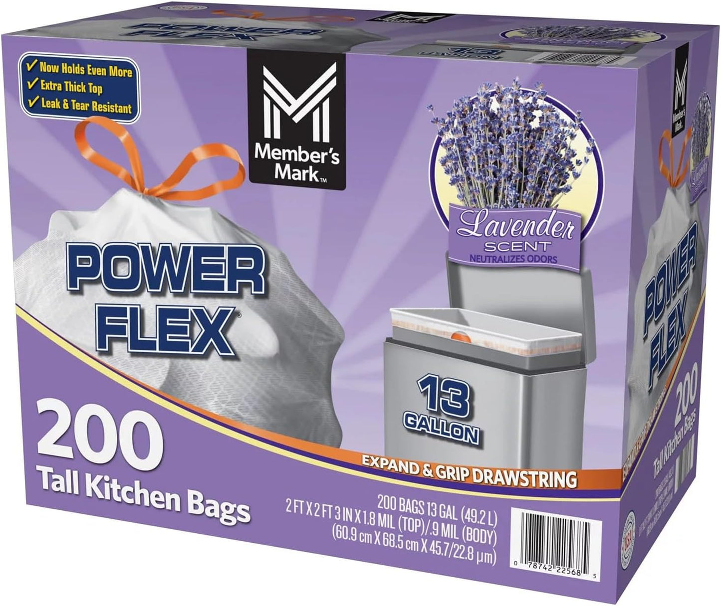 Member's Mark Power Flex Tall Kitchen Trash Bags - 13 Gallon, 200 Count (2 Rolls of 100)