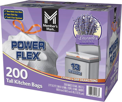 Member's Mark Power Flex Tall Kitchen Trash Bags - 13 Gallon, 200 Count (2 Rolls of 100)