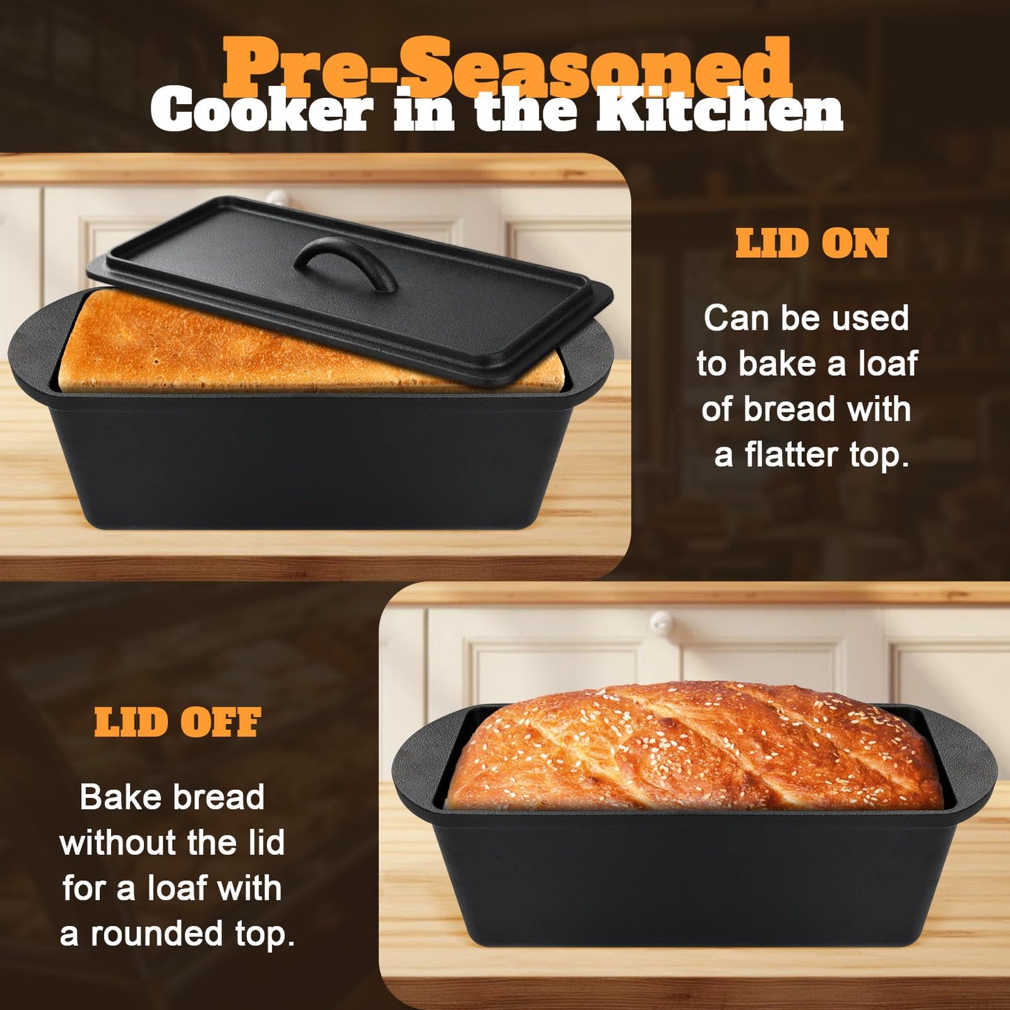 Rectangular Cast Iron Dutch Oven for Bread Baking, Cast Iron Sourdough Bread Pan with Lid Handles Lame, Even Heat Bread Baking Pan for Homemade Bread Cake Meatloaf, 3.2QT
