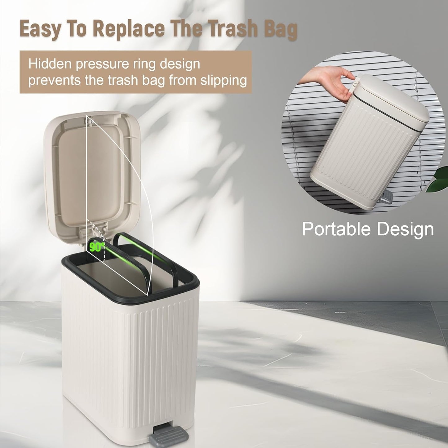 Rejomiik Small Bathroom Trash Can - Slim Soft Close Lid Wastebasket | 1.9 Gallon Cream for Office & Home