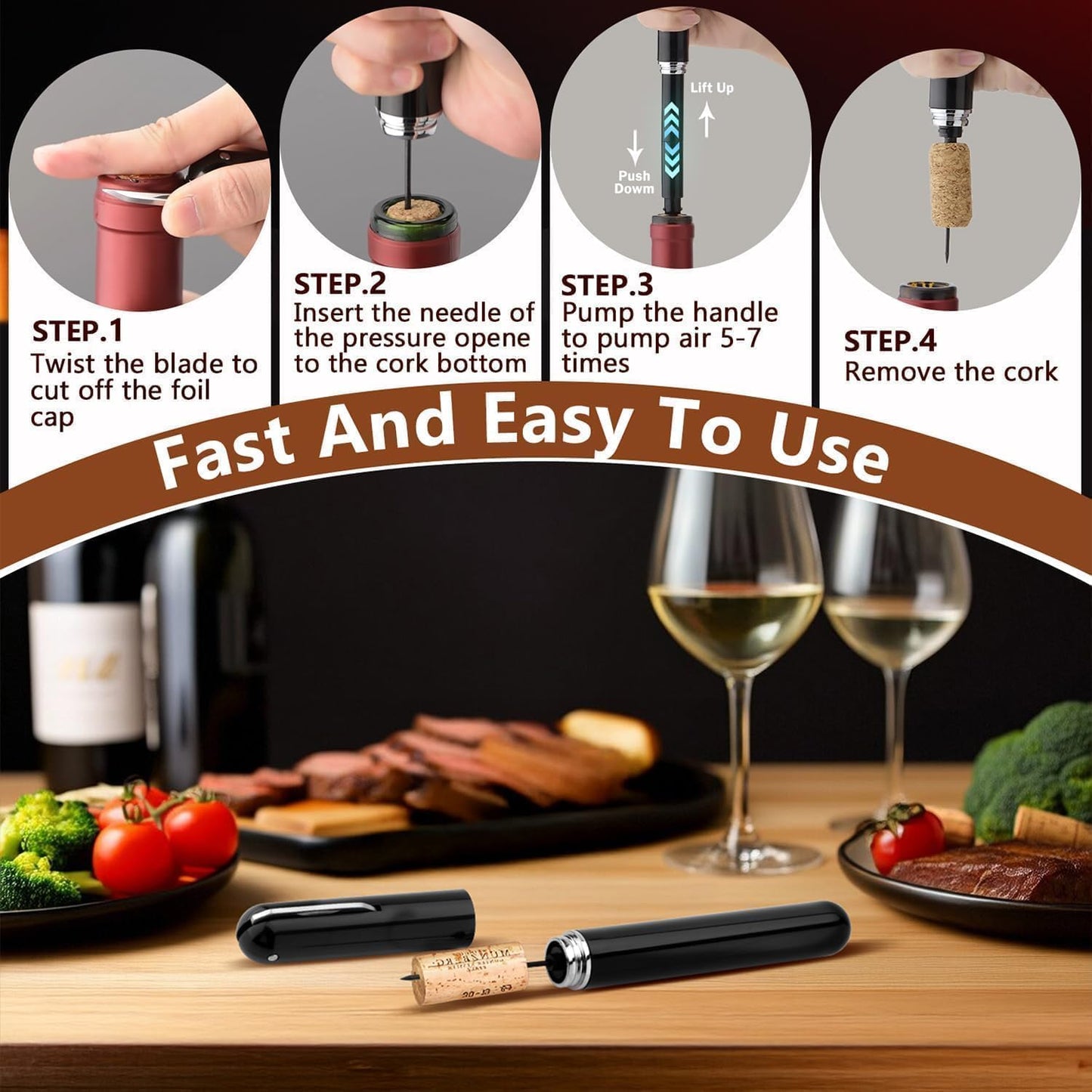 Wine Opener Manual with Foil Cutter Pack of 2 - NUCOKRS Aeropop Style Corkscrew Pen Shape Design 3 to 7 Air Pumps to Open (Black+Blue)