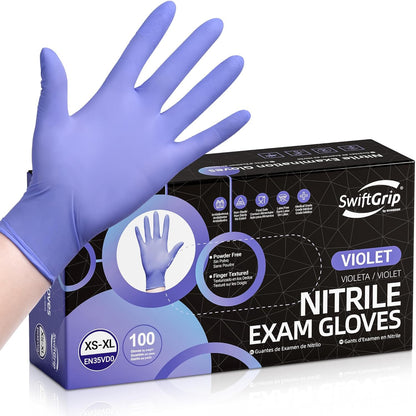 SwiftGrip Disposable Nitrile Exam Gloves - 3mil, Medium, Box of 100 | Violet, Latex-Free, Powder-Free, Food-Safe