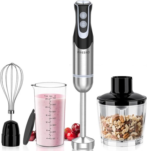 FRESKO Immersion Blender - 4-in-1 Handheld Electric Mixer with 12 Speeds & Turbo Mode | 500W Stainless Steel