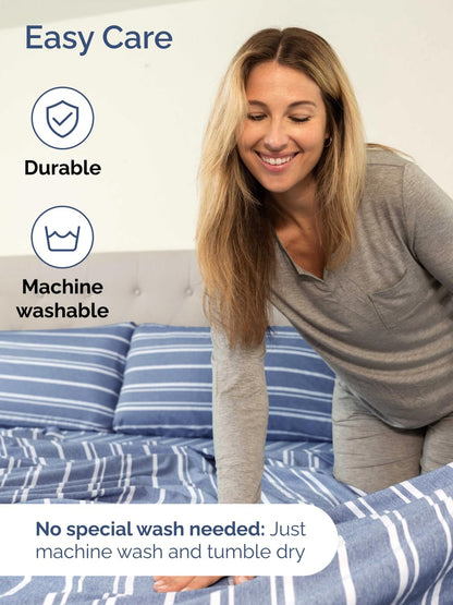 Skiennix Extra Deep Full Sheet Set - 6-Piece Cooling Bedding - Soft, Wrinkle-Free Blue Stripes