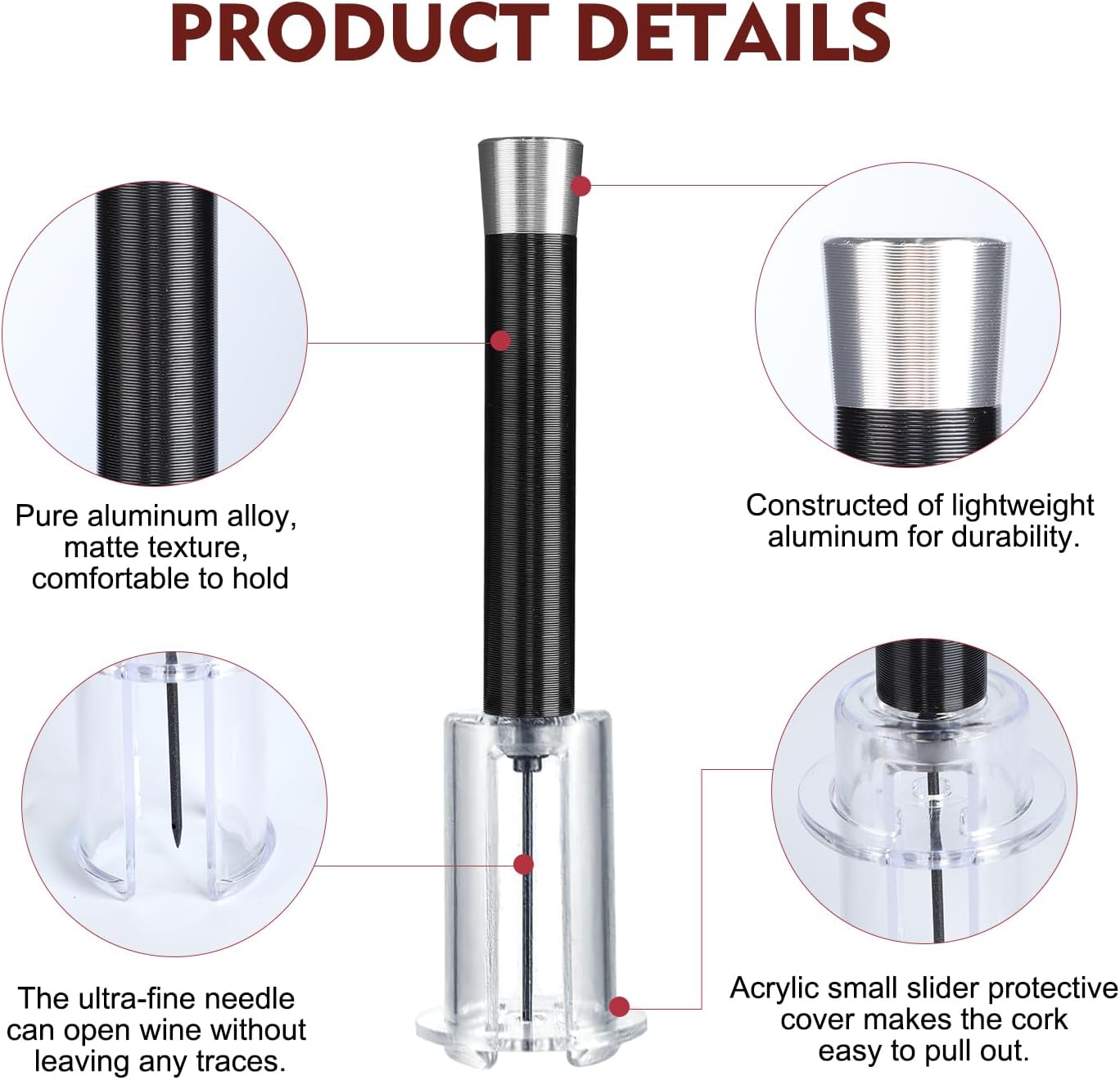 Wino on the Go Wine Opening Set, Air Pump Wine Bottle Opener Set, The Perfect Wine Opener, Wine Aerator Pourer Spout, Momentum Wine Opening Set, Wine Opener Pump(Aluminum head,Black)