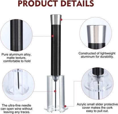 Wino on the Go Wine Opening Set, Air Pump Wine Bottle Opener Set, The Perfect Wine Opener, Wine Aerator Pourer Spout, Momentum Wine Opening Set, Wine Opener Pump(Aluminum head,Black)