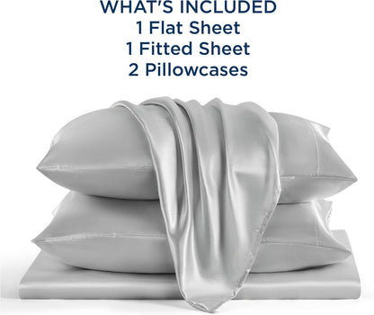 Bedsure Satin Sheets Set - Luxurious Silver Grey Queen Size with Matching Pillowcases