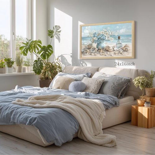 LLEEMPI Coastal Beach Wall Art - Seashell & Starfish Canvas Print | 12x16 Inch Framed Ocean Decor