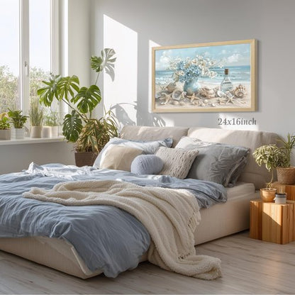 LLEEMPI Coastal Beach Wall Art - Seashell & Starfish Canvas Print | 12x16 Inch Framed Ocean Decor