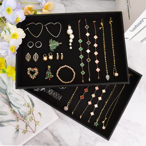 JETEHO Black Velvet Stackable Jewelry Tray Showcase Display Stackable Necklace Bracelet Ring Showcase Display Empty Plate (2 Pack)