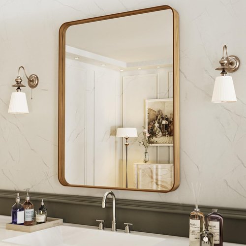 LOAAO Bathroom Mirror - 20x30 Inch Rounded Rectangle with Wood Grain Metal Frame | Anti-Rust, Versatile Hanging Options