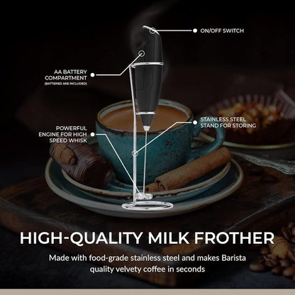 Chefwave | Powerful electric milk frother with stand | Milk frother handheld drink mixer and matcha whisk| BATTERIES INCLUDED! drink mixer handheld | Hand frother, electric stirrer coffee mixer wand