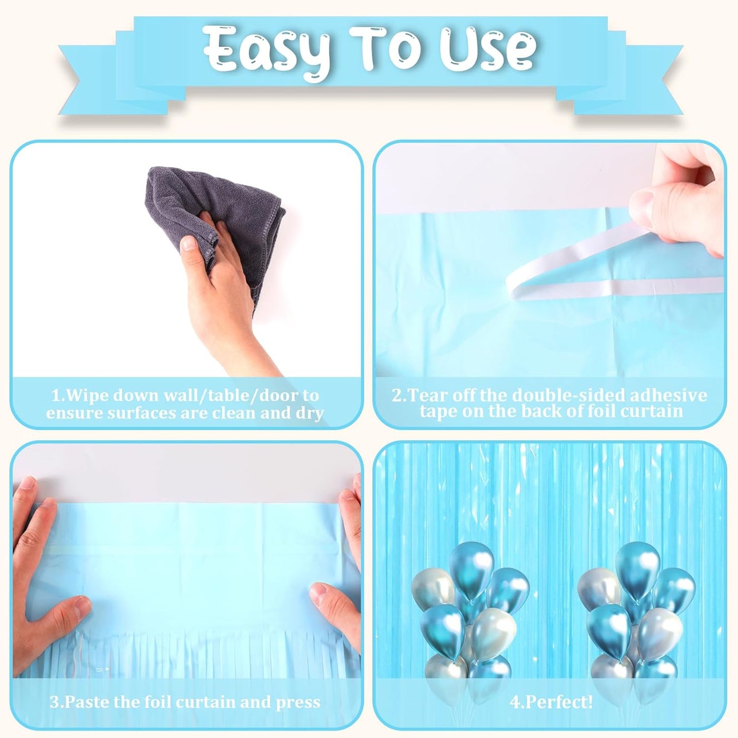 Voircoloria Pastel Blue Foil Fringe Backdrop Curtains - 3 Pack Tinsel Streamers for Parties & Events