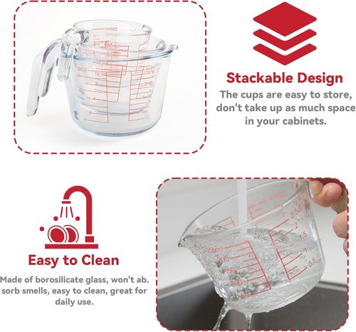 Glass Measuring Cups Set by [Brand Name] - 6 Pcs with Lids & Strainer | Easy-Grip Handles, Nesting Design