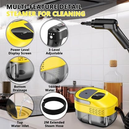 Skiennix Handheld Steam Cleaner - 3 Level Adjustable & 10s Heat-Up | 1.6 Qt Portable Steamer (Yellow)