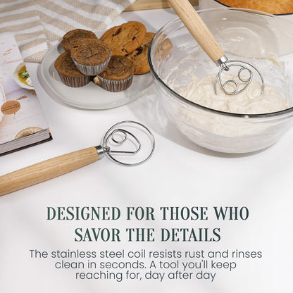 Skiennix Danish Dough Whisk - 13-Inch Stainless Steel Mixer with Wooden Handle for Sourdough & Pizza Dough