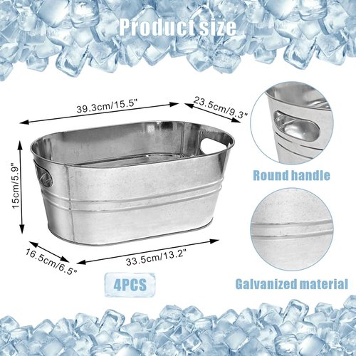 4 Pack Galvanized Tub Ice Bucket, 3 Gallon Large Metal Drink Buckets for Parties & Bars, Beer Beverage Tub with Carry Handles for Champagne, Cocktails, Wine Cooling, Mimosa Supplies