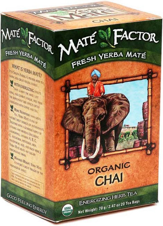 The Mate Factor Yerba Mate Energizing Herb Tea, Chai, 20 Tea Bags (Pack of 3)