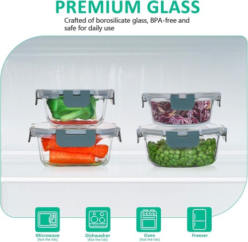KOMUEE Glass Food Storage Containers Set - 24 Stackable Airtight Meal Prep Containers | Microwave & Oven Safe, Gray