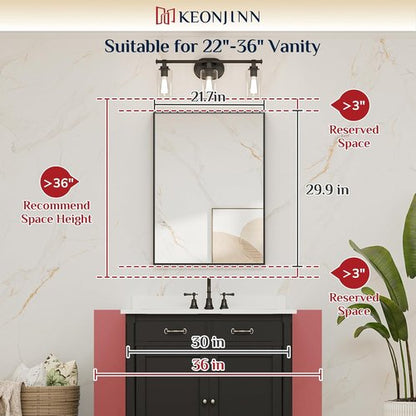 Keonjinn Black Bathroom Mirror - 22 x 30 Inch Brushed Black Framed Rectangle Vanity Mirror | Modern Farmhouse Design