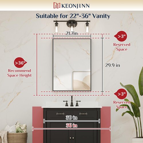 Keonjinn Black Bathroom Mirror 22 x 30 Inch, Brushed Black Framed Mirror for Over Sink, Rectangle Wall Vanity Mirrors with Square Corner, Alumium Frame, Modern Farmhouse Style