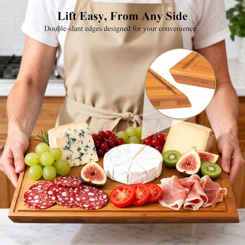 Bamboo Cutting Board Set - 2PCS Double-Sided Chopping Boards with Juice Grooves & Side Handle | Ideal for Meal Prep & Serving