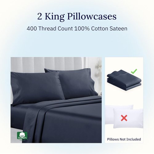 California Design Den King Size Pillowcase Set - 400 Thread Count 100% Cotton Sateen | Soft Indigo Dusty Blue, Set of 2