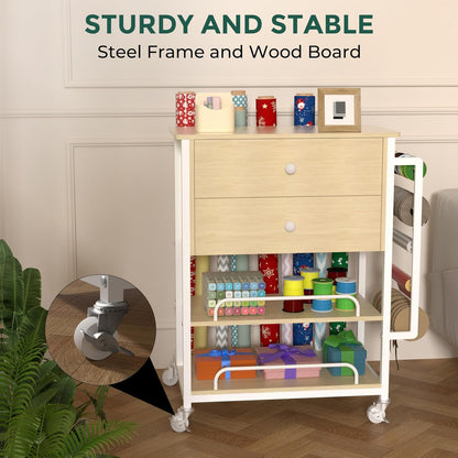 Skiennix Wrapping Paper Organizer - Stylish Craft Cart with Ribbon & Gift Bag Storage | Oak Finish, 2 Drawers