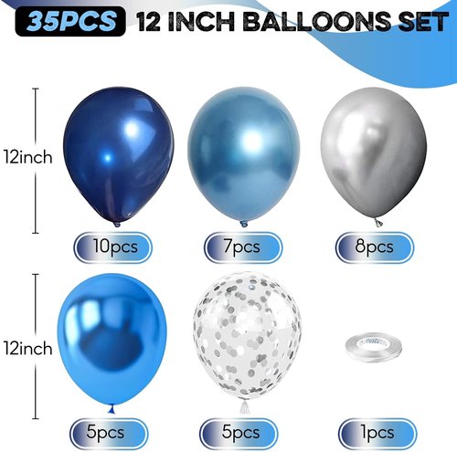 Blue Silver Balloons Set - 12 Inch Dark Navy & Confetti Latex Balloons for Birthday, Graduation & Weddings