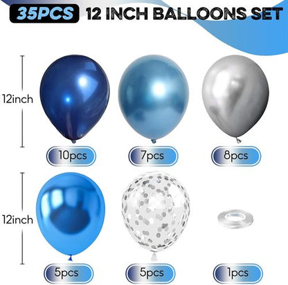 Blue Silver Balloons Set - 12 Inch Dark Navy & Confetti Latex Balloons for Birthday, Graduation & Weddings