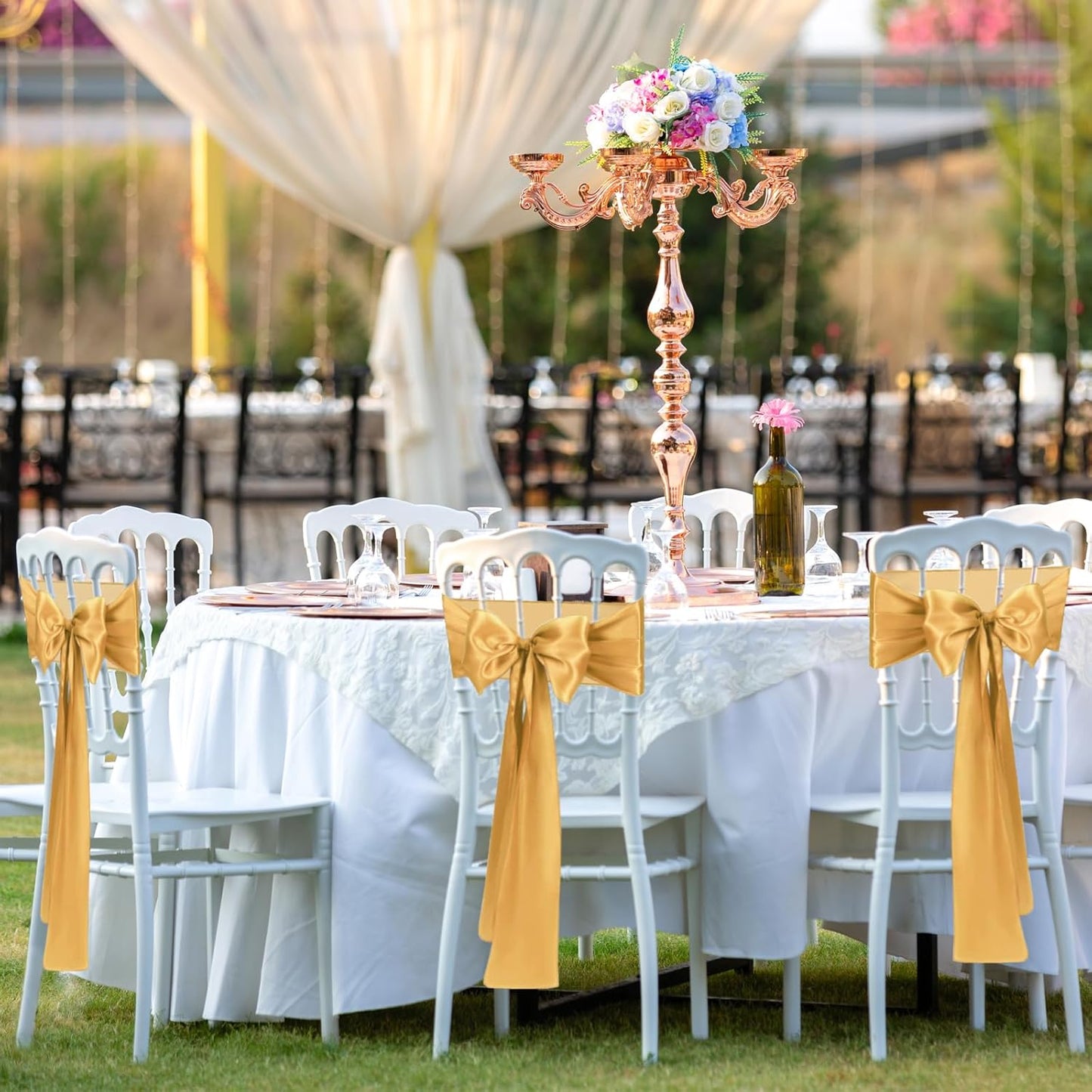 Skiennix Gold Satin Chair Sashes - Elegant Bow Ties for Weddings & Events | 10 PCS (7x108 Inch)