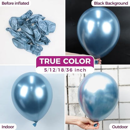 Bezente Metallic Light Blue Latex Balloons - 100 Pack | 12-Inch Round Helium Chrome Balloons for Parties