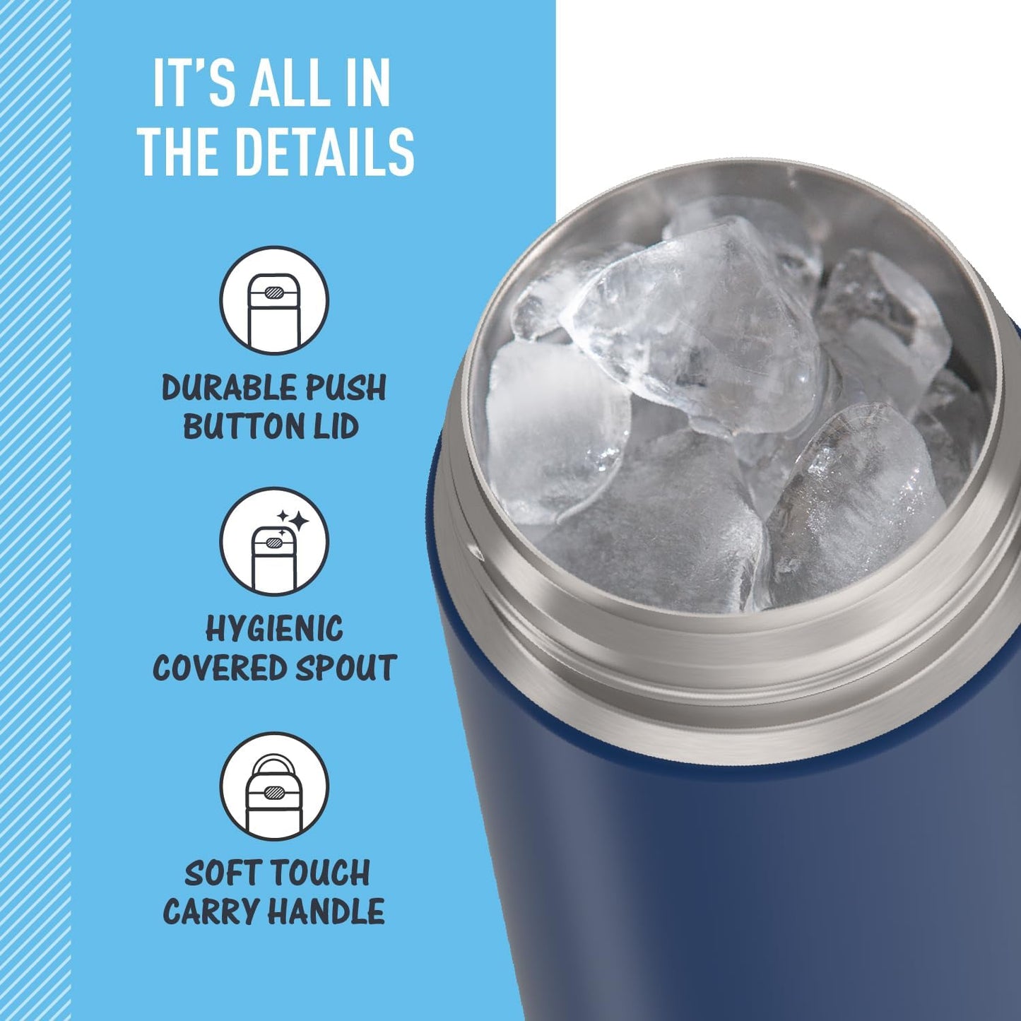 THERMOS FUNTAINER 16 Ounce Stainless Steel Insulated Bottle - Wide Spout Lid, Navy Color