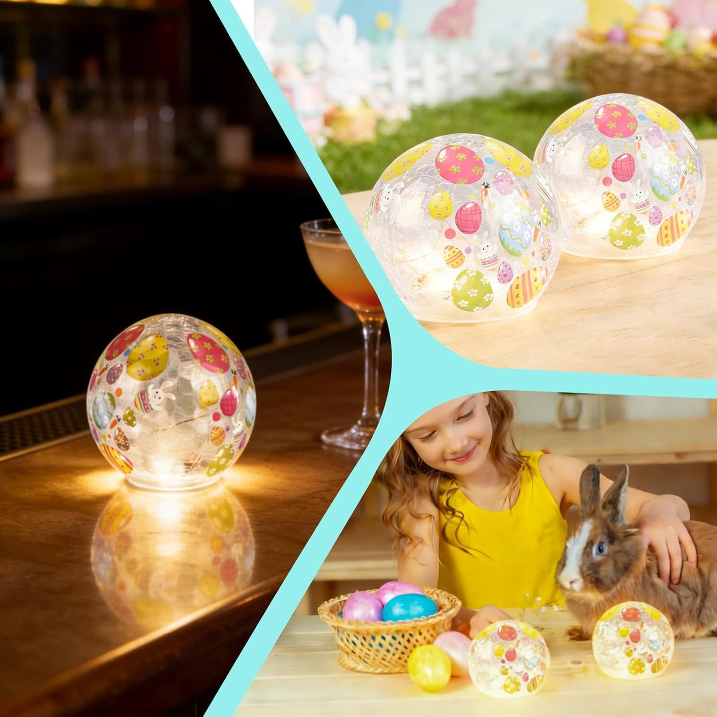 Skiennix Easter Glass Ball Lights - 2PCS LED Bunny Crackle Decorations | 3.93'' Tabletop Sphere Lamps