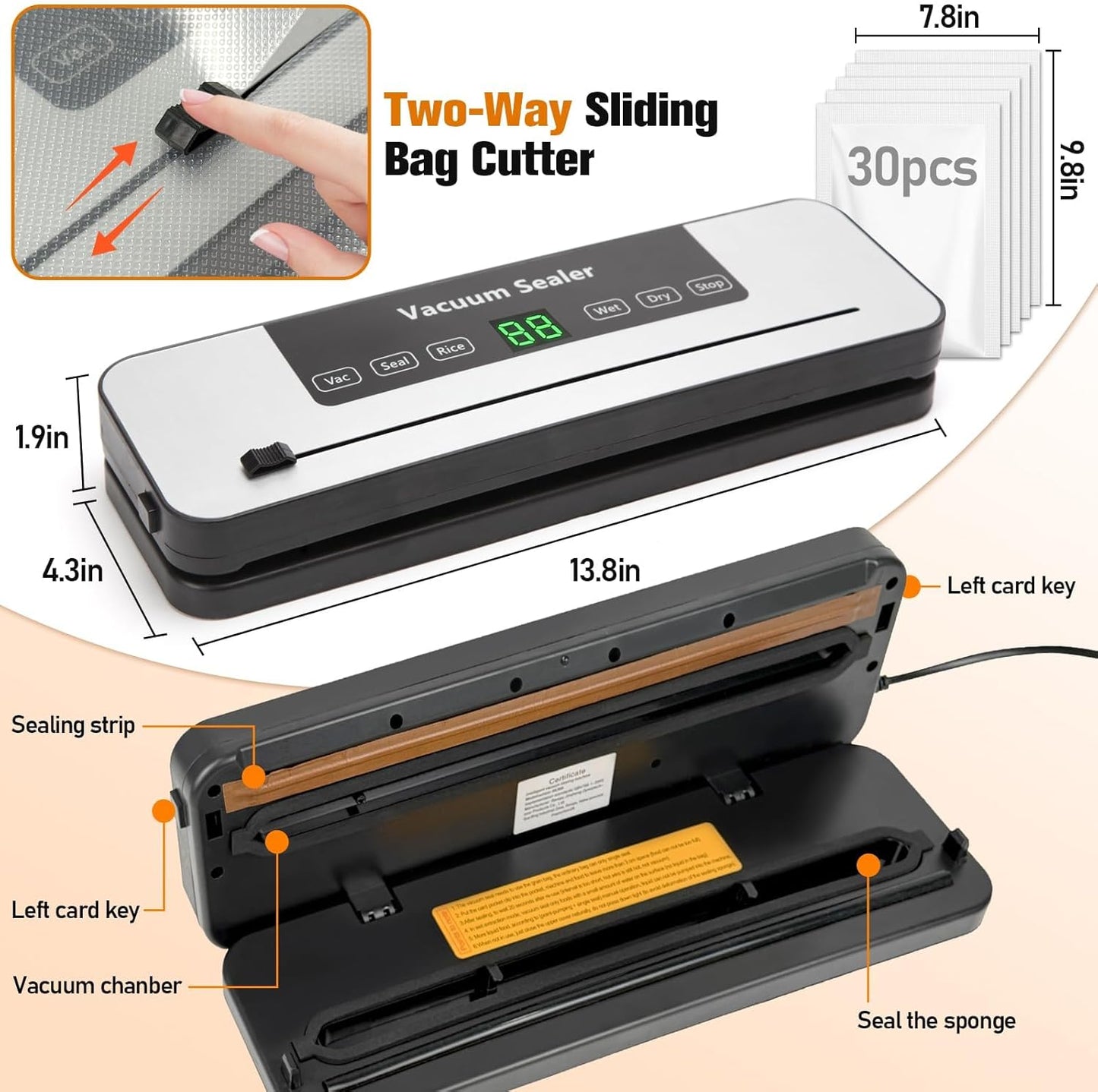 Vacuum Sealer Machine - 6-in-1 Automatic Food Sealer with Built-in Cutter & 30 Storage Bags | Compact for Freezer Preservation