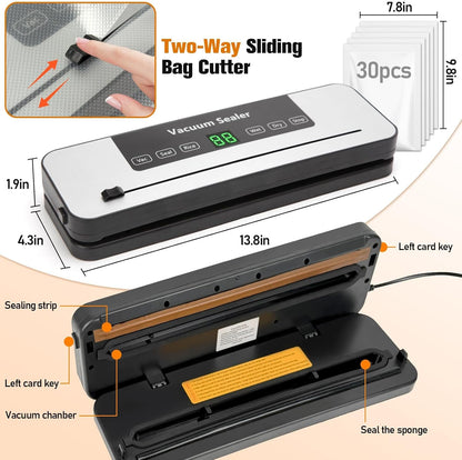 Vacuum Sealer Machine - 6-in-1 Automatic Food Sealer with Built-in Cutter & 30 Storage Bags | Compact for Freezer Preservation