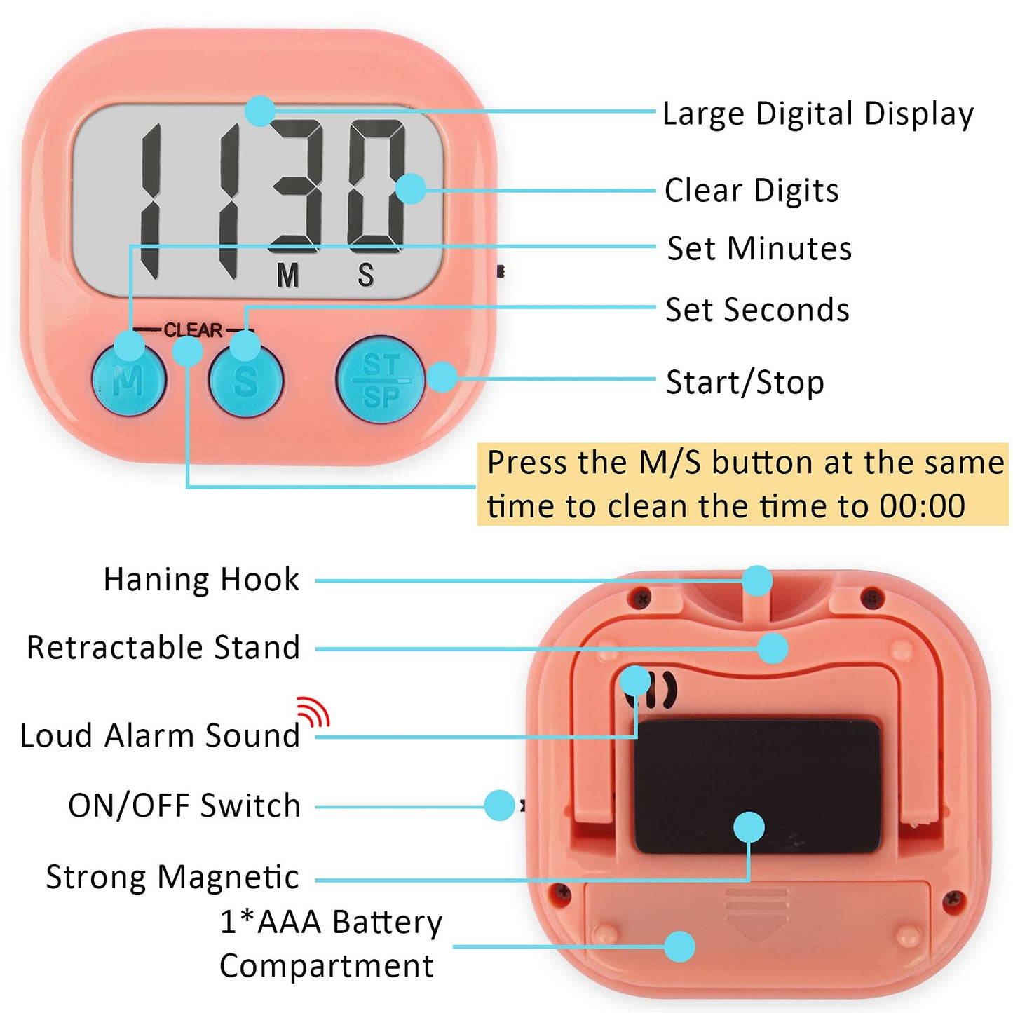 2Pack Classroom Timers for Teachers Kids Digital Timer Pink White