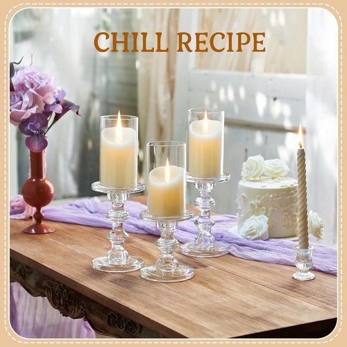 CHILL RECIPE Glass Candle Holder Set - Elegant Tall Crystal Holders for Pillar & Taper Candles | Set of 3