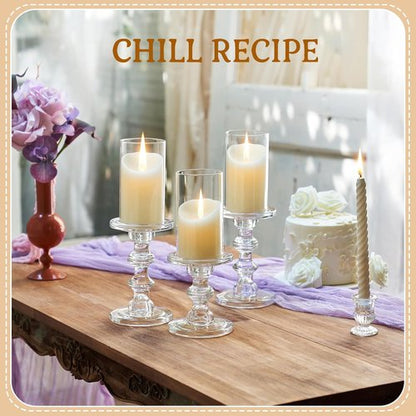 CHILL RECIPE Glass Candle Holder Set - Elegant Tall Crystal Holders for Pillar & Taper Candles | Set of 3