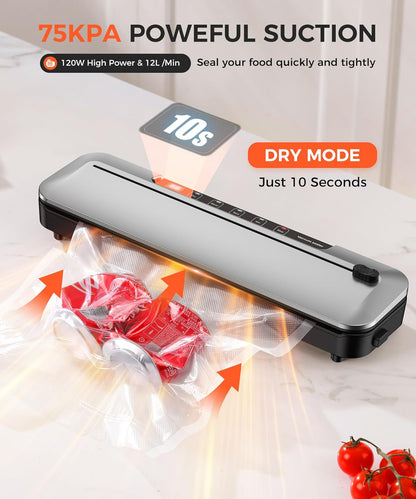 Vacuum Sealer Machine - 6-in-1 Dry/Moist Modes & Digital Timer | Compact Design with 10 Bags (Black Silver)