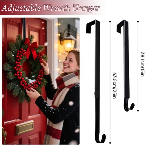 DZZ Black Wreath Hanger - Adjustable Door Hook for 20 Lb Capacity | Fits 15 to 25 Inches for Holiday Decor