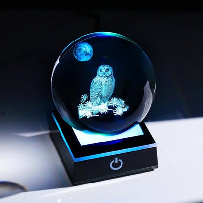 Arikyrist 3D Owl Crystal Ball Figurine - LED Base Night Light Gift for Owl Lovers | 80mm Decorative Glass Globe