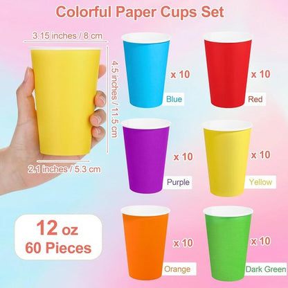 Kochorie 60 Pack Disposable Rainbow Paper Cups - Colorful 12 Ounce Birthday Party Supplies | 6 Vibrant Colors