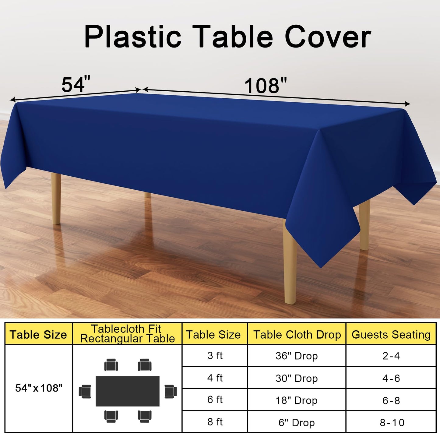 smiry Disposable Table Cloth 6 Pack, 54 x 108 Inch Table Cloths for Parties, Decorative Tablecloths for Rectangle Tables, Waterproof Plastic Table Cover, Leakproof & Sturdy, Navy